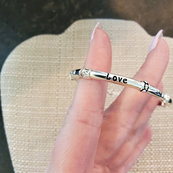 Set of 2 silvertone elastic bangles w/ pastel rhinestone details, love, hearts - Picture 6 of 8